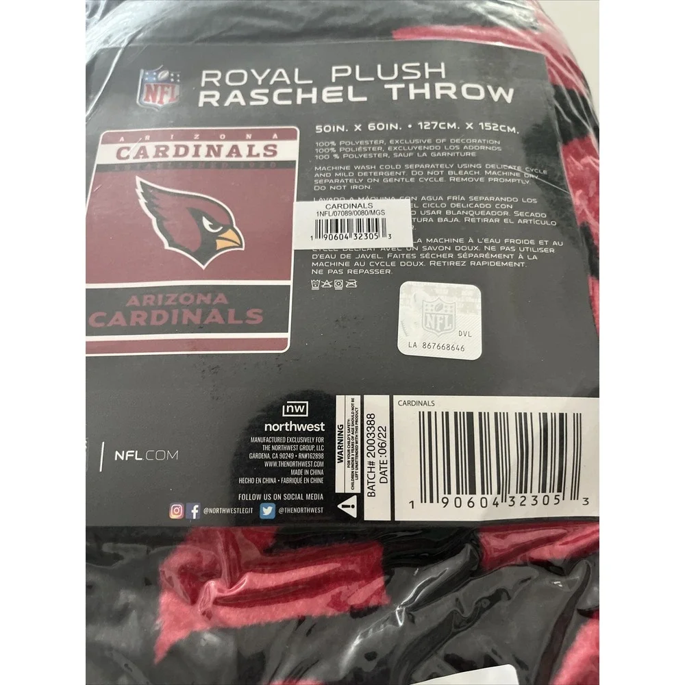 Northwest NFL‎ Polyester Raschel Throw Blanket 50X60 Inch, Arizona Cardinals